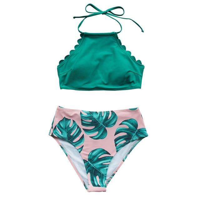 Tropical Print High - Waist Bikini Set