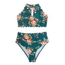 Load image into Gallery viewer, Green Floral High Waist Bikini Set