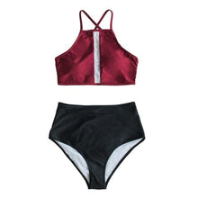 Load image into Gallery viewer, Black and Wine Red High-Neck Bikini Set