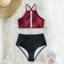 Load image into Gallery viewer, Black and Wine Red High-Neck Bikini Set