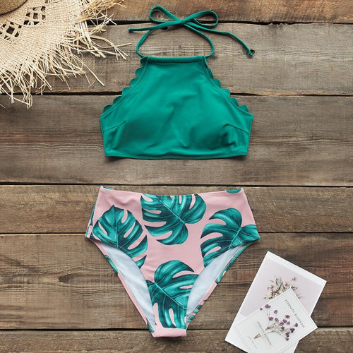 Tropical Print High - Waist Bikini Set