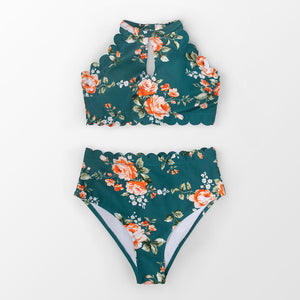 Green Floral High Waist Bikini Set