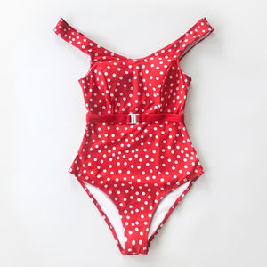 Red Polka Dot Belted One-Piece Swimsuit