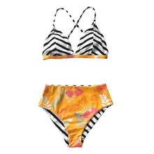 Load image into Gallery viewer, Stripe and Floral High-Waisted Bikini Set