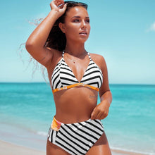 Load image into Gallery viewer, Stripe and Floral High-Waisted Bikini Set