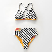 Load image into Gallery viewer, Stripe and Floral High-Waisted Bikini Set