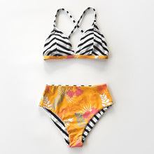 Load image into Gallery viewer, Stripe and Floral High-Waisted Bikini Set