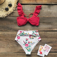 Load image into Gallery viewer, Ruffled Floral High-waisted Bikini Set