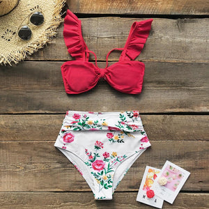 Ruffled Floral High-waisted Bikini Set