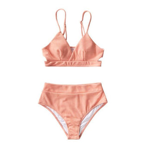 Peachy Orange Ribbed Cut Out High-Waisted Bikini Set