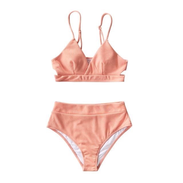 Peachy Orange Ribbed Cut Out High-Waisted Bikini Set