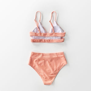 Peachy Orange Ribbed Cut Out High-Waisted Bikini Set