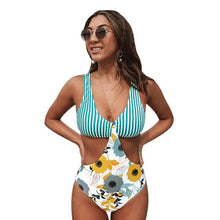 Load image into Gallery viewer, Aqua Striped and Floral Cut Out One-Piece Swimsuit