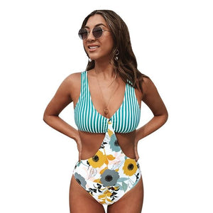 Aqua Striped and Floral Cut Out One-Piece Swimsuit