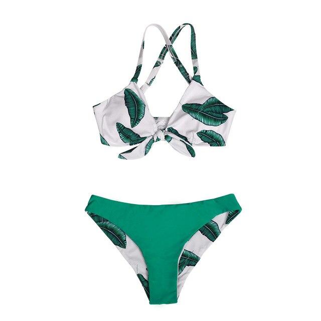 Leaves Print Bowknot Low-waist Bikini Set