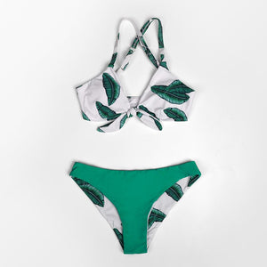 Leaves Print Bowknot Low-waist Bikini Set