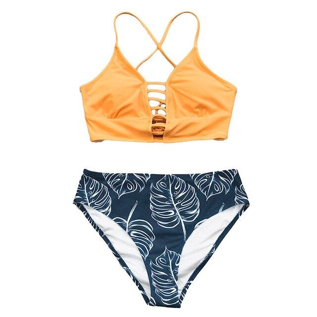 Yellow Leaf Print Bikini Set