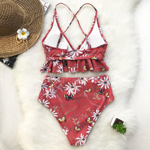 Load image into Gallery viewer, Red Flora Print High-waist Two Pieces Bikini