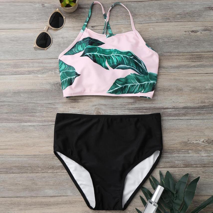 Tropical Leaf Print High Waist Two Piece Bikini Set