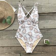 Load image into Gallery viewer, White And Apricot Leaves Print One-piece Swimsuit