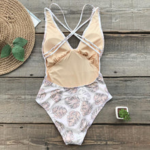 Load image into Gallery viewer, White And Apricot Leaves Print One-piece Swimsuit