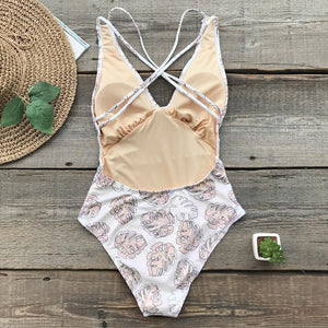 White And Apricot Leaves Print One-piece Swimsuit