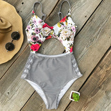 Load image into Gallery viewer, Flora Print And Striped One-piece Swimsuit