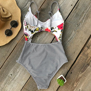 Flora Print And Striped One-piece Swimsuit