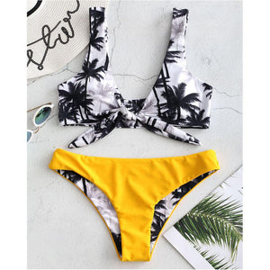 Front Knot Coconut Trees Two Piece Bikini Set