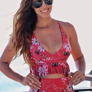 Red Flora Print High-waist Two Pieces Bikini