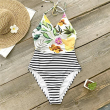 Load image into Gallery viewer, Flora Print And Striped Halter One-Piece Swimsuit