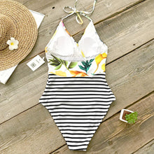 Load image into Gallery viewer, Flora Print And Striped Halter One-Piece Swimsuit