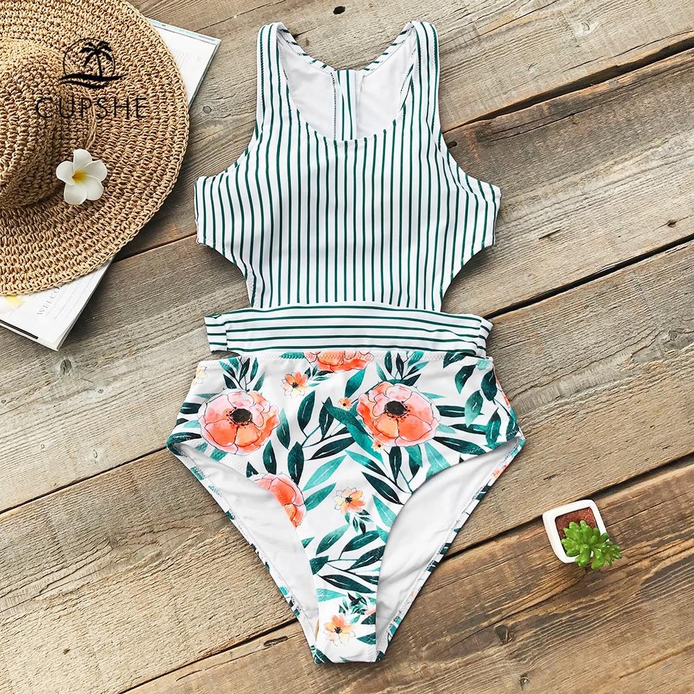 Flora Print And Striped Patchwork One-Piece Swimsuit