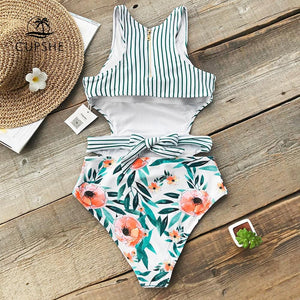 Flora Print And Striped Patchwork One-Piece Swimsuit