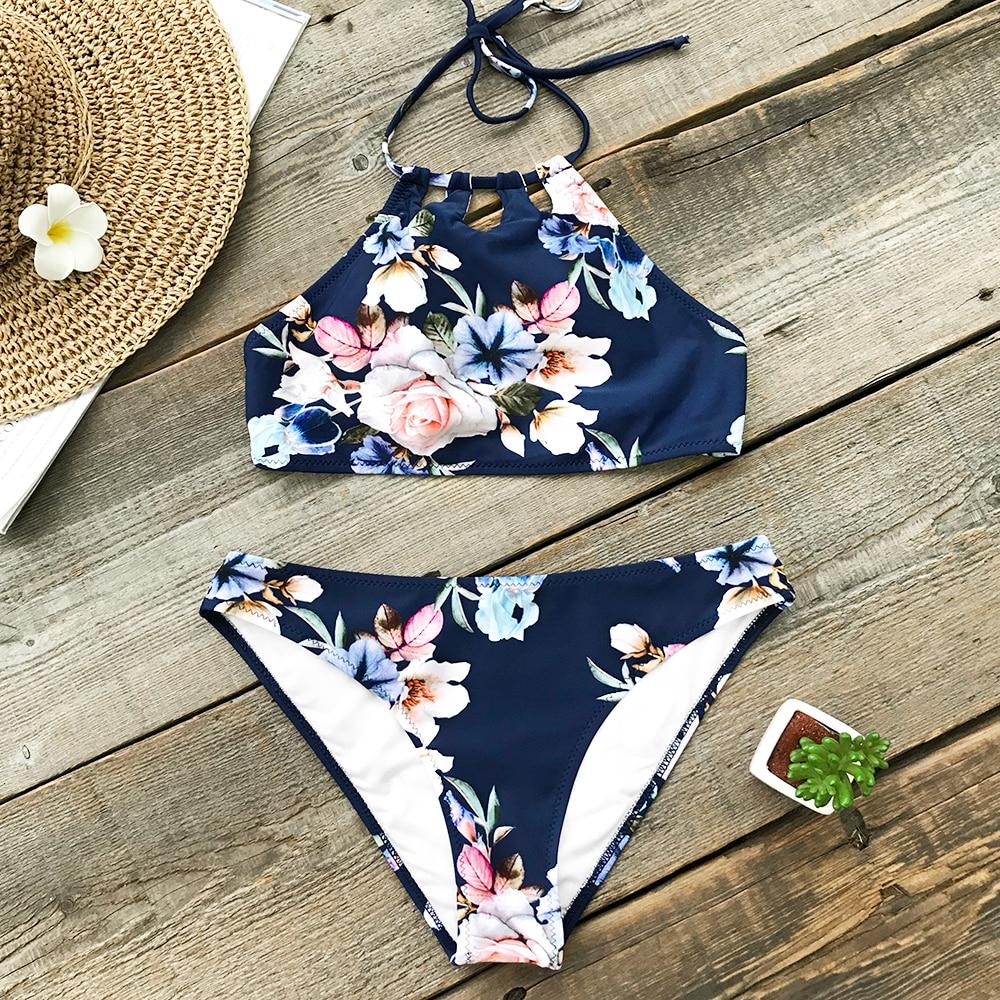 Navy Floral Print Two Piece Bikini