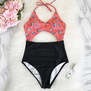 Flora Print And Striped One-piece Swimsuit