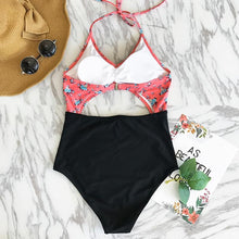 Load image into Gallery viewer, Flora Print And Striped One-piece Swimsuit