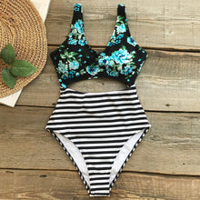 Load image into Gallery viewer, Flora Print And Striped One-piece Swimsuit