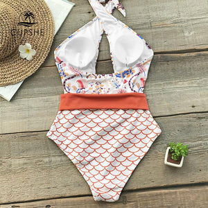 Orange Wrap Belt One-Piece Swimsuit