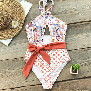 Orange Wrap Belt One-Piece Swimsuit