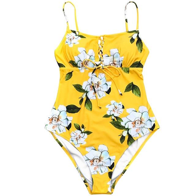 Yellow Floral Print One Piece Swimwear