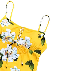 Yellow Floral Print One Piece Swimwear