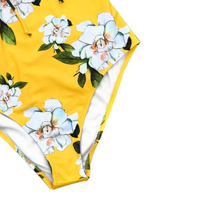 Yellow Floral Print One Piece Swimwear