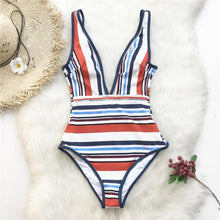 Load image into Gallery viewer, Colorful Striped Deep V One Piece Swimsuit