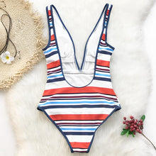 Load image into Gallery viewer, Colorful Striped Deep V One Piece Swimsuit