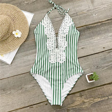 Load image into Gallery viewer, Green And White Striped Lace One-Piece Swimsuit