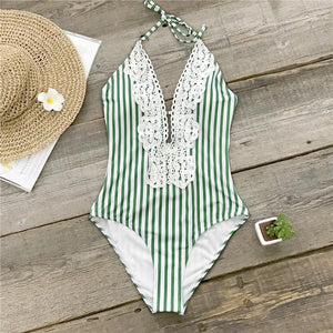 Green And White Striped Lace One-Piece Swimsuit