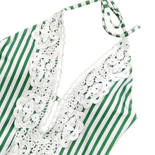 Load image into Gallery viewer, Green And White Striped Lace One-Piece Swimsuit