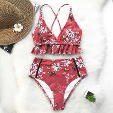 Load image into Gallery viewer, Red Flora Print High-waist Two Pieces Bikini