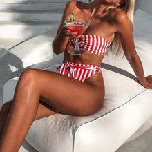 Load image into Gallery viewer, Off Shoulder Striped Swimsuit